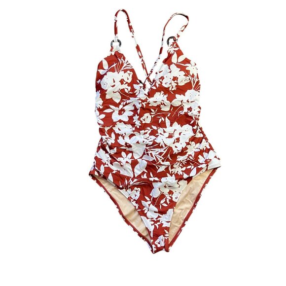 Cupshe Floral One Piece Swimsuit Womens XL O-Ring Back Tie Straps V Neck Red NEW - Picture 1 of 11
